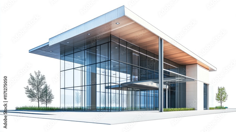 Modern glass and wood building architectural rendering, showcasing a spacious entrance and sleek design. Modern glass and wood building architectural rendering, showcasing a spacious entrance and sleek design.