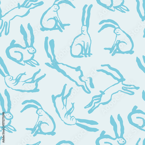 A whimsical seamless pattern featuring rabbits in hand-drawn poses. The freehand ink drawings emphasize simplicity and playful creativity.