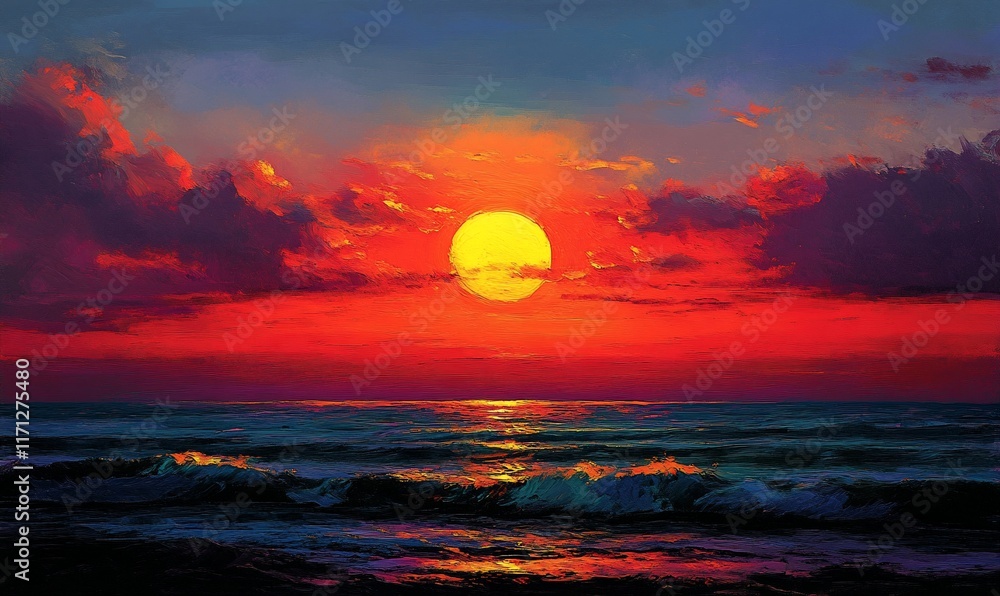 Vibrant sunset over ocean with colorful sky and gentle waves Vibrant sunset over ocean with colorful sky and gentle waves