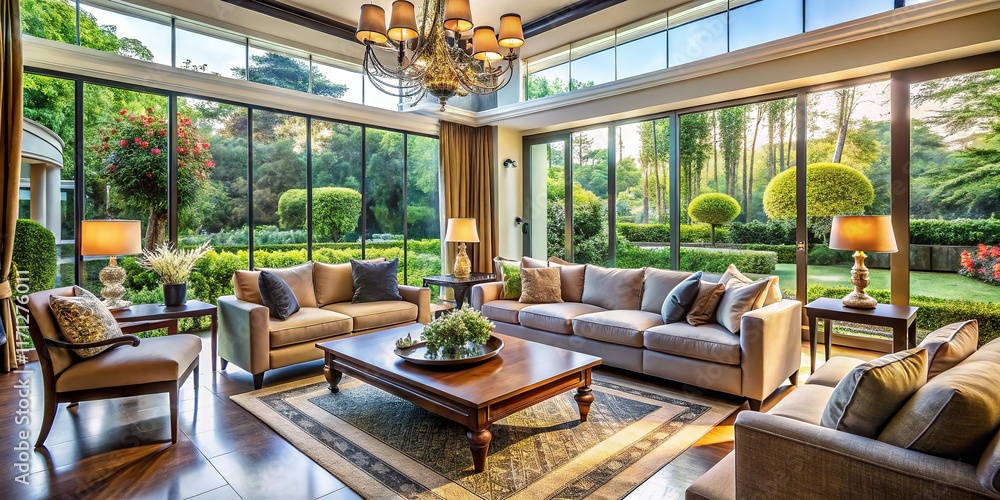 Exquisite garden view living room, luxurious detail, AI artistry. Exquisite garden view living room, luxurious detail, AI artistry.