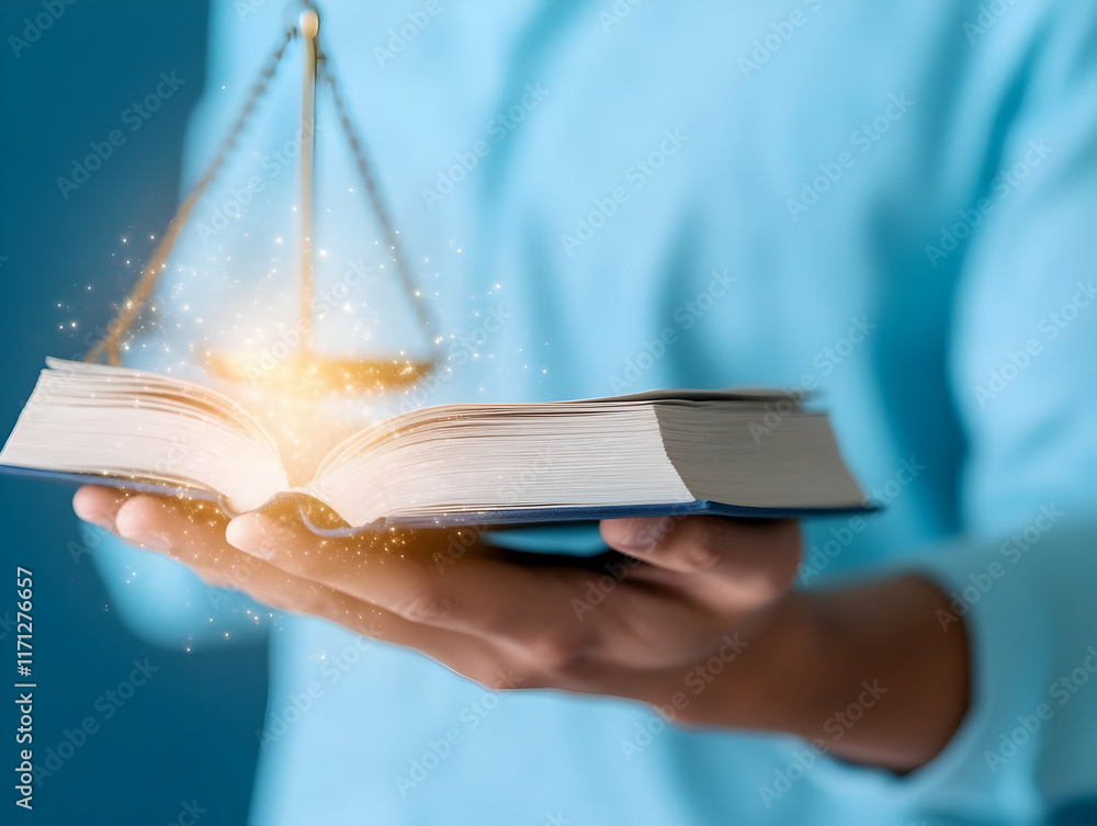 Justice, Law Book, Scales, Glowing, Concept, Legal, Fairness, Hands, Blue Background, Website Justice, Law Book, Scales, Glowing, Concept, Legal, Fairness, Hands, Blue Background, Website
