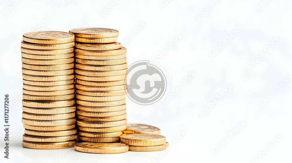 Gold coins stacked, wealth, finance, growth, white background, business concept.