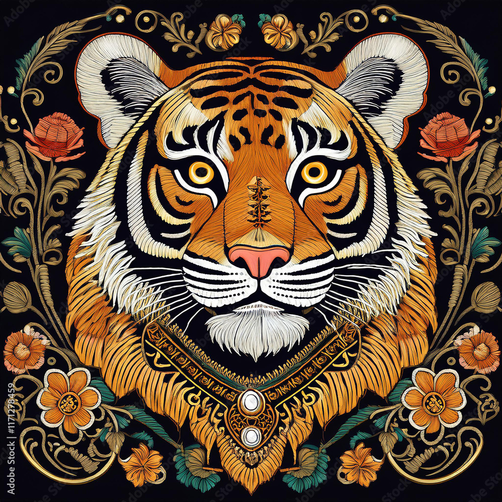 Royal Bengal tiger made of the authentic embroidarry styled, for art coloring simplified Royal Bengal tiger made of the authentic embroidarry styled, for art coloring simplified