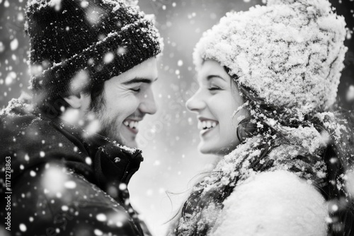 A spontaneous moment of a young couple laughing uncontrollably while playing in the snow photo