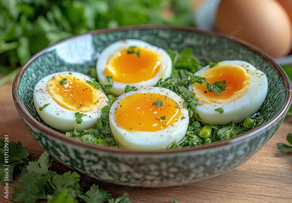 Fresh Soft-Boiled Eggs on a Bed of Greens with Chopped Herbs and Spices in a Decorative Bowl Ideal for Culinary and Food Photography Fresh Soft-Boiled Eggs on a Bed of Greens with Chopped Herbs and Spices in a Decorative Bowl Ideal for Culinary and Food Photography