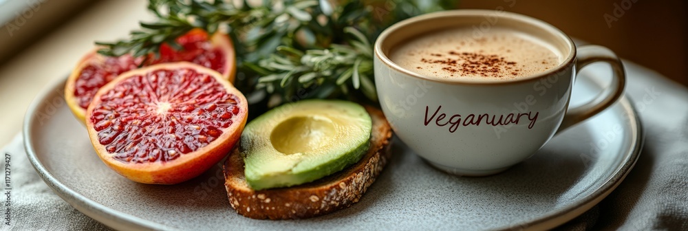 A Veganuary-themed plate featuring avocado toast and vibrant blood orange slices beside a cup of cappuccino with cinnamon. A Veganuary-themed plate featuring avocado toast and vibrant blood orange slices beside a cup of cappuccino with cinnamon.