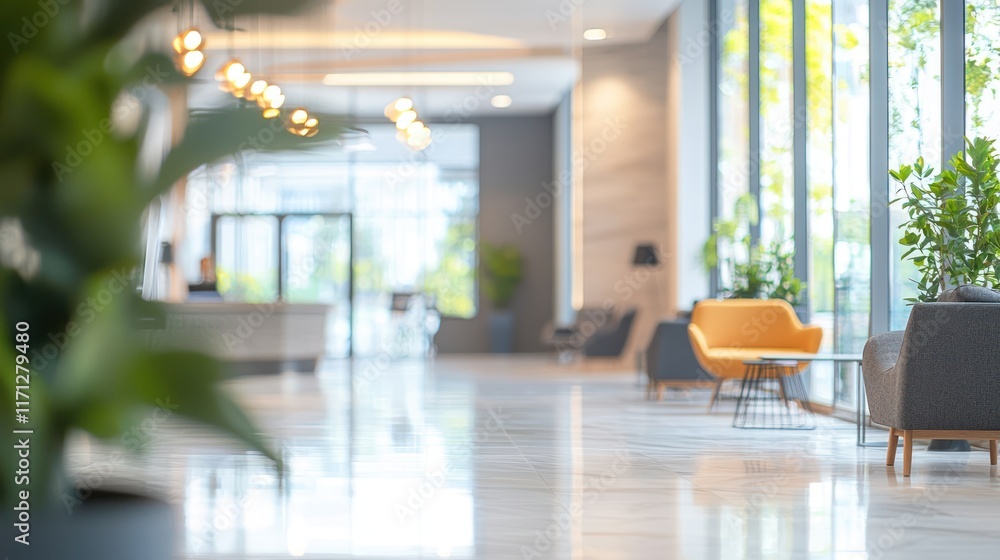 Blurred background of a corporate lobby with contemporary seating arrangements, large windows, and modern decor creating a welcoming and professional atmosphere Blurred background of a corporate lobby with contemporary seating arrangements, large windows, and modern decor creating a welcoming and professional atmosphere