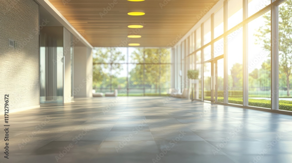 Fototapeta premium Blurred background of a spacious meeting room with large windows and modern decor