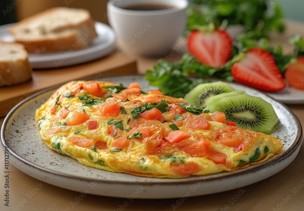 Fresh Vegetable Omelet with Tomato, Herbs, and Sliced Fruit Served on a Rustic Plate, Accompanied by Coffee and Toast for a Balanced Breakfast Experience Fresh Vegetable Omelet with Tomato, Herbs, and Sliced Fruit Served on a Rustic Plate, Accompanied by Coffee and Toast for a Balanced Breakfast Experience