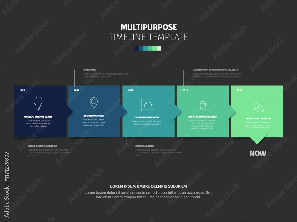 Multipurpose square green blocks time line template with sample text content and icons on black background. Simple infochart for company history visualization