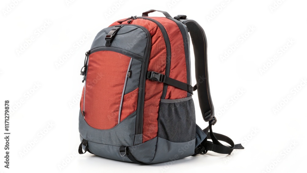 Fototapeta premium A red and gray backpack designed for travel and daily use. White background