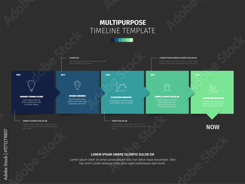 Multipurpose square green blocks time line template with sample text content and icons on black background. Simple infochart for company history visualization