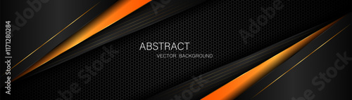 Abstract black and orange polygon with golden lines on dark steel mesh background with free space for design. modern technology innovation concept background	