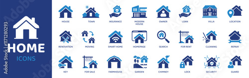 Home  - Icon Collection. Thin Line Set contains such Icons as House, Insurance, Owner, Town, Smart Home and more. Simple web icons set.