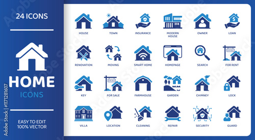 Home  - Icon Collection. Thin Line Set contains such Icons as House, Insurance, Owner, Town, Smart Home and more. Simple web icons set.