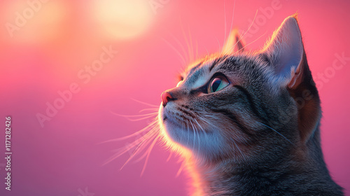 curious cat gazes thoughtfully against vibrant pink and purple background, capturing moment of wonder and serenity. soft lighting highlights its features beautifully photo