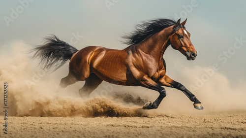 majestic horse running through sandy landscape  kicking up dust as it gallops with grace and power. scene captures beauty and strength of this magnificent animal