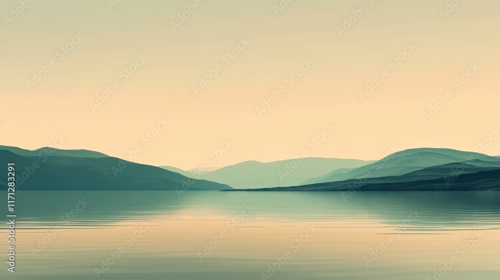 Serene landscape with mountains reflected in calm water under a soft pastel sky. Serene landscape with mountains reflected in calm water under a soft pastel sky.