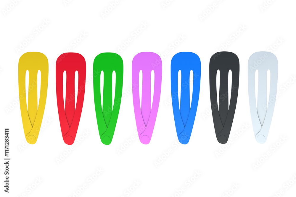 Set of colorful hair clips isolated on white background. Barrette for girl. Metal hairpin. Hairdresser accessories. Top view. 3d render