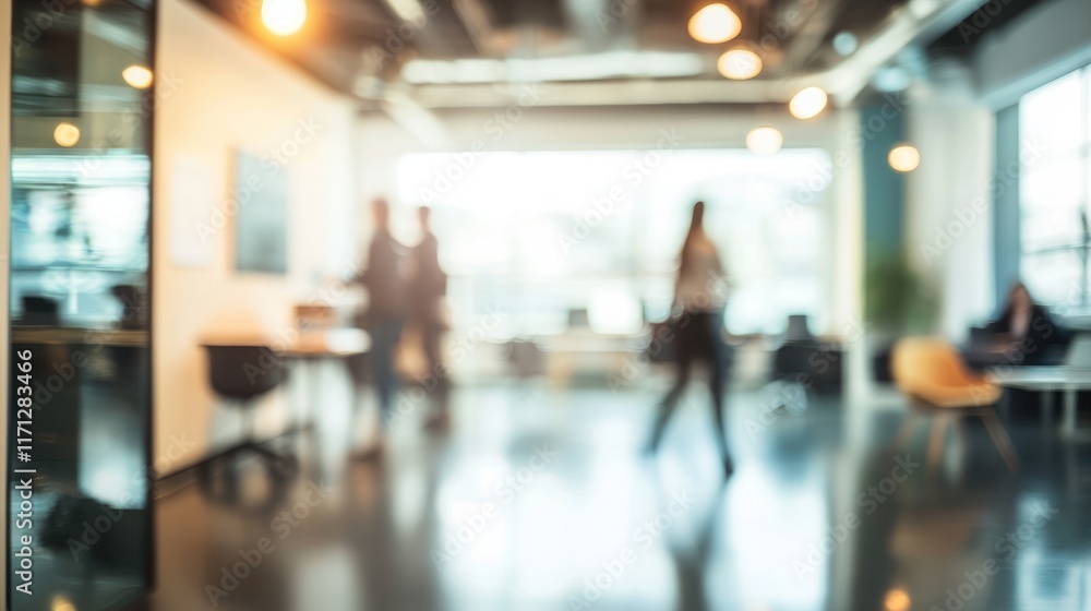 Blurred view of a light-filled modern office with large panoramic windows, elegant lighting, Blurred view of a light-filled modern office with large panoramic windows, elegant lighting,