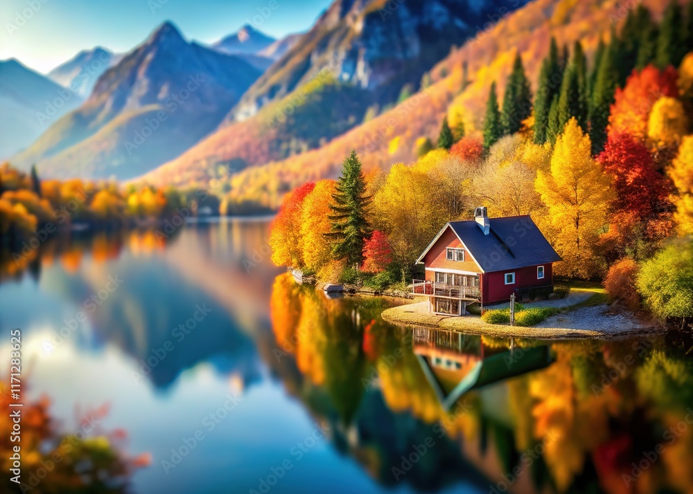 Fototapeta premium Mountain backdrop frames autumnal cottage by lake, softly blurred.