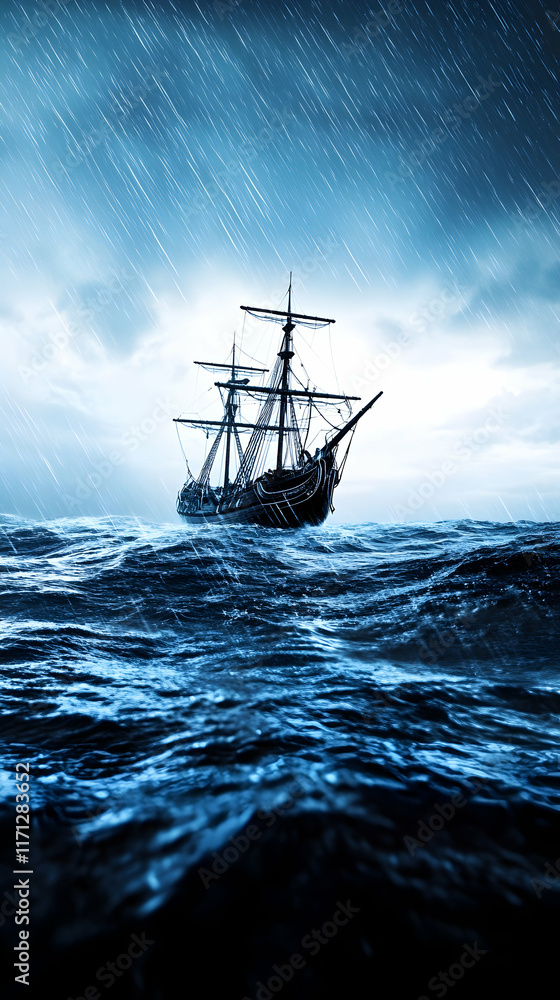 Obraz premium Historic Ship Sailing Stormy Ocean, Rain, Waves, Dramatic Background, Travel Poster.