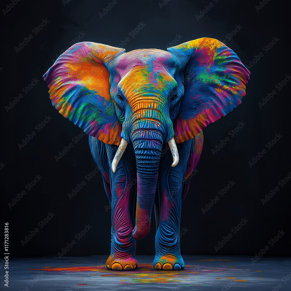 Obraz premium A full-body portrait of an elephant with colorful skin, vibrant colors, symmetrical composition, dark background, digital painting.
