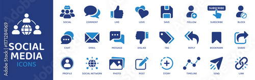 Social Media  - Icon Collection. Thin Line Set contains such Icons as Engagement, Likes, Shares, Comments, Posts, Hashtags and more. Simple web icons set.