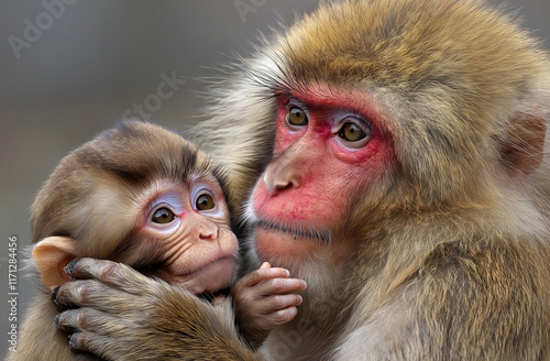 Photo of an adult macaque gently touching its baby's head, with both in focus and sharp detail.
 photo