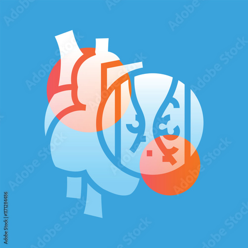 Coronary artery glassmorphism illustration. Transparency blur elements. Ui layered design.