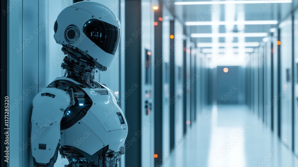 Fototapeta premium Advanced Robot Stands in Modern Server Room Corridor