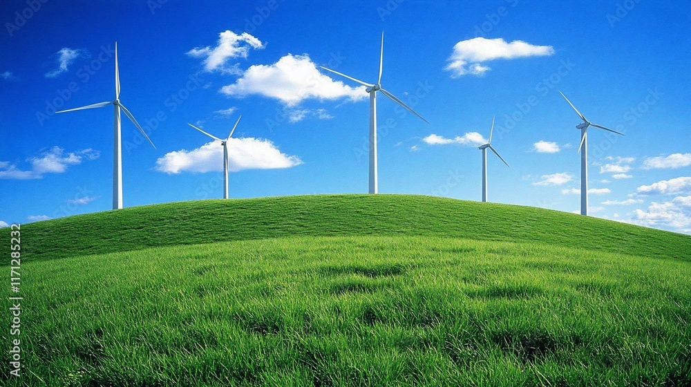 Wind turbines on green hill with blue sky, ideal for renewable energy ads Wind turbines on green hill with blue sky, ideal for renewable energy ads