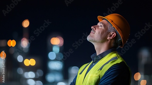 Construction Worker in Safety Gear Looking Up at Night Sky photo