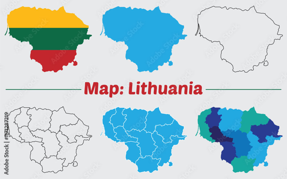 Obraz premium Lithuania country map set. internal provinces borders marked, Simple map of Lithuania vector drawing, Filled and outline.