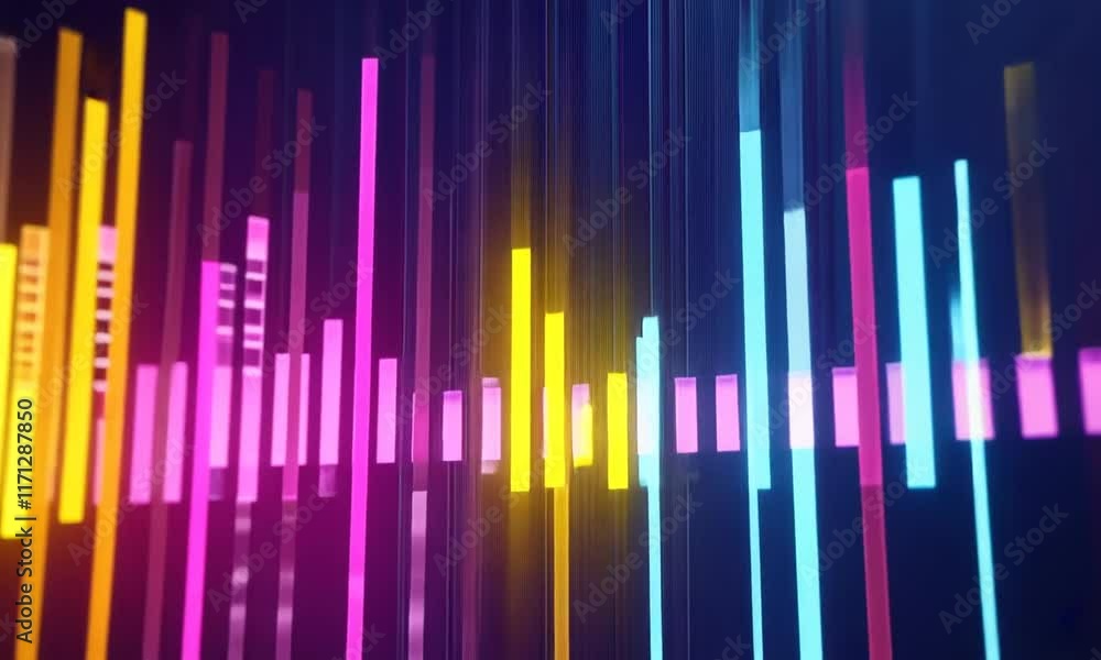 Colorful vertical bars create a vibrant, abstract representation of sound or data visualization.