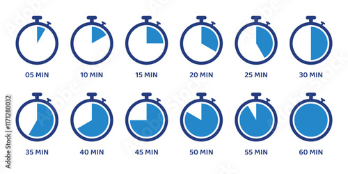 A stopwatch and timer icon set featuring various clock and timer symbols. Includes classic stopwatch designs, digital timers, countdown symbols, and related icons for time tracking and measurement.