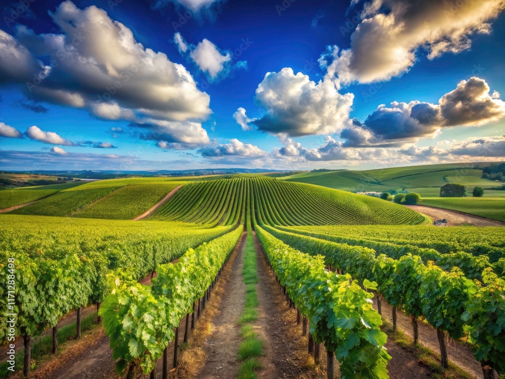 Rolling French hills, grapevines stretch under a somber, cloudy sky. Rolling French hills, grapevines stretch under a somber, cloudy sky.