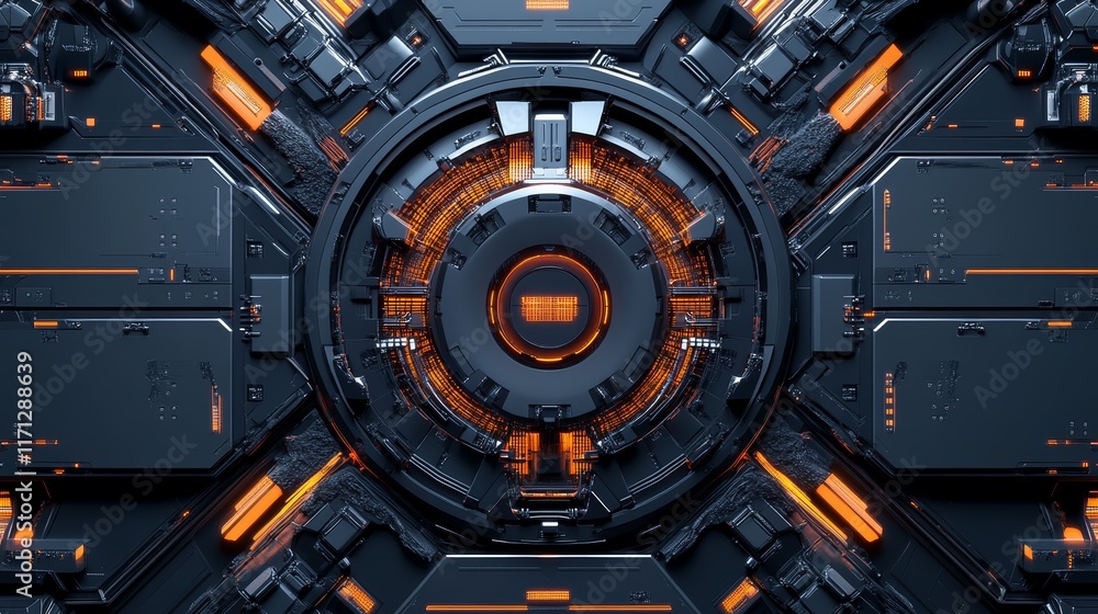 Futuristic abstract design with circular patterns and glowing orange elements. Futuristic abstract design with circular patterns and glowing orange elements.