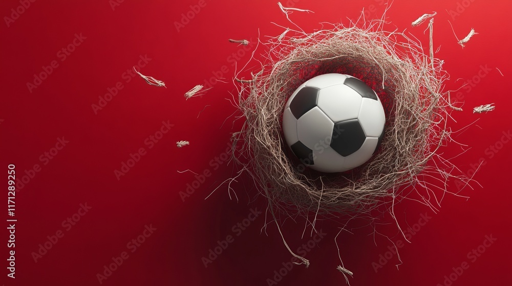 Fototapeta premium Sport ball break impact dynamic force. A soccer ball nestled in a nest against a vibrant red background, symbolizing creativity and the fusion of sports and nature.