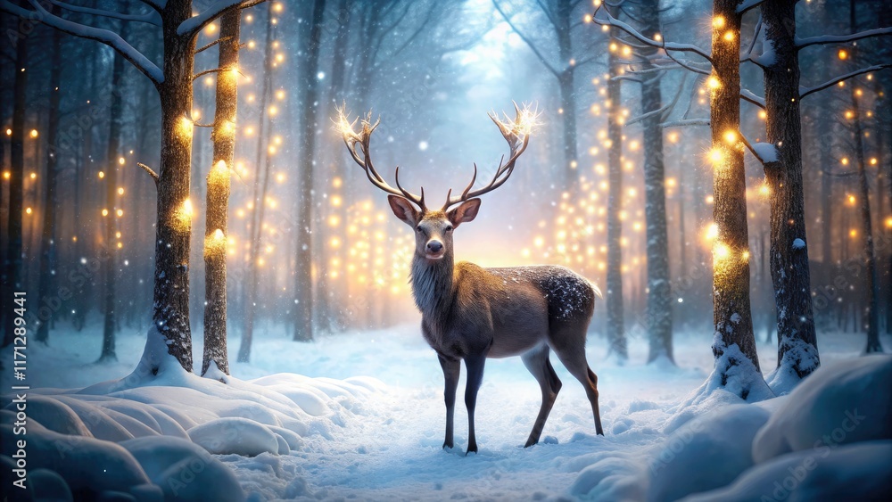Snowy forest, twinkling lights illuminate a majestic deer; minimalist winter photography. Snowy forest, twinkling lights illuminate a majestic deer; minimalist winter photography.