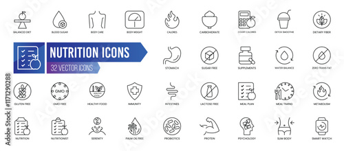 NUTRITION - Outline Icon Collection. Thin Line Set contains such Icons as Balanced Diet, Blood Sugar, Body Care, Body Weight and more. Simple web icons set.