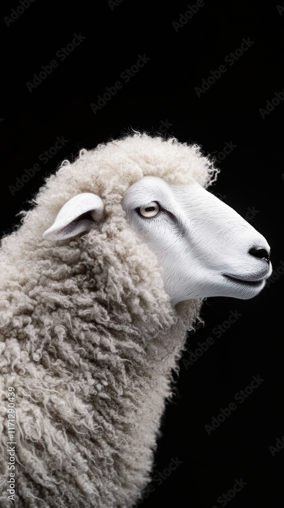 Fototapeta premium Fluffy sheep with striking side view against dark background