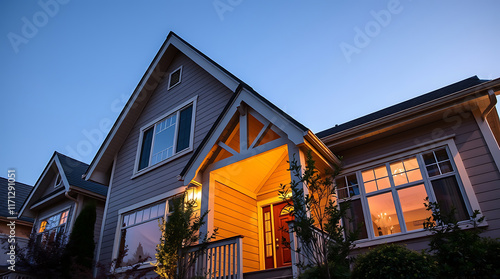 A two-story house at dusk.  The exterior is light grey siding.  The porch is illuminated, and interior lights are visible through the windows.  Part of a neighboring house is visible to the left.