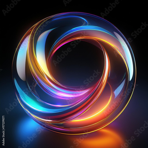 Abstract 3d black background wallpaper with glass transparent circles and colorful