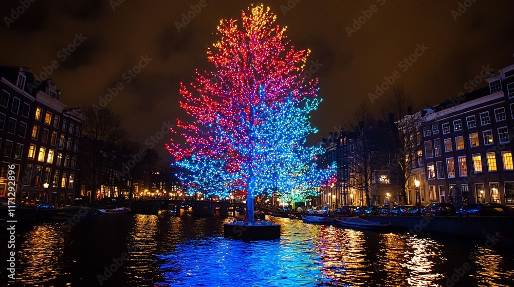 Illuminated tree on canal at night. Illuminated tree on canal at night.