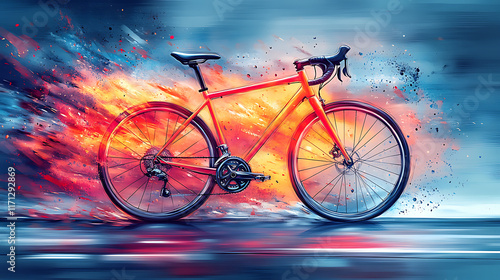 Red bicycle speeding, flames trail, motion blur, dynamic. photo