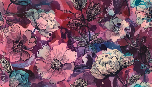 Floral pattern with colorful blossoms and leaves in a seamless decorative design