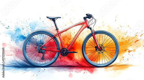 Red mountain bike on colorful splash background. photo