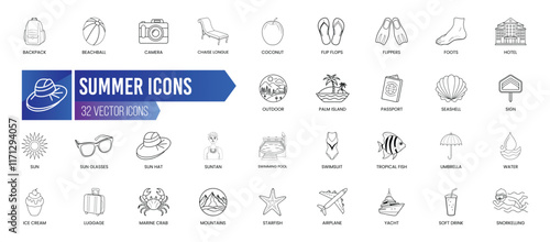 SUMMER - Outline Icon Collection. Thin Line Set contains such Icons as Airplane, Backpack, Beachball, Camera, Chaise Longue, Coconut, Flip Flops and more. Simple web icons set.
