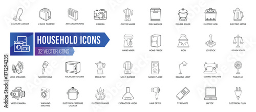 HOUSEHOLD - Outline Icon Collection. Thin Line Set contains such Icons as Vacuum Cleaner, 2 Slice Toaster, Air Conditioning, Alarm Clock, Camera and more. Simple web icons set.